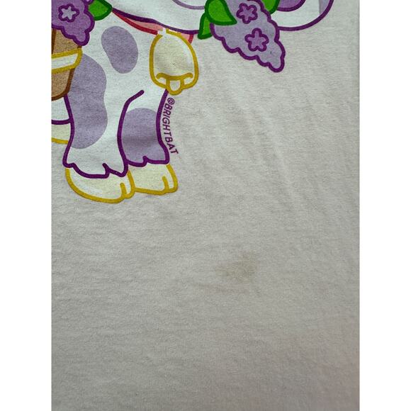 Bright Bat Shirt Womens Medium Beige Purple Puppy Flowers Short Sleeve READ - Picture 5 of 12